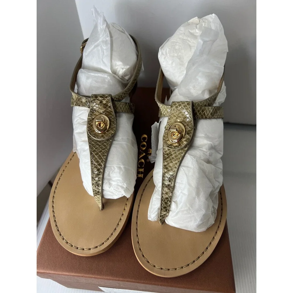 COACH Ingrid Natural Snake Print Leather Thong Wedge‎ Sandals Women's Size 7.5B